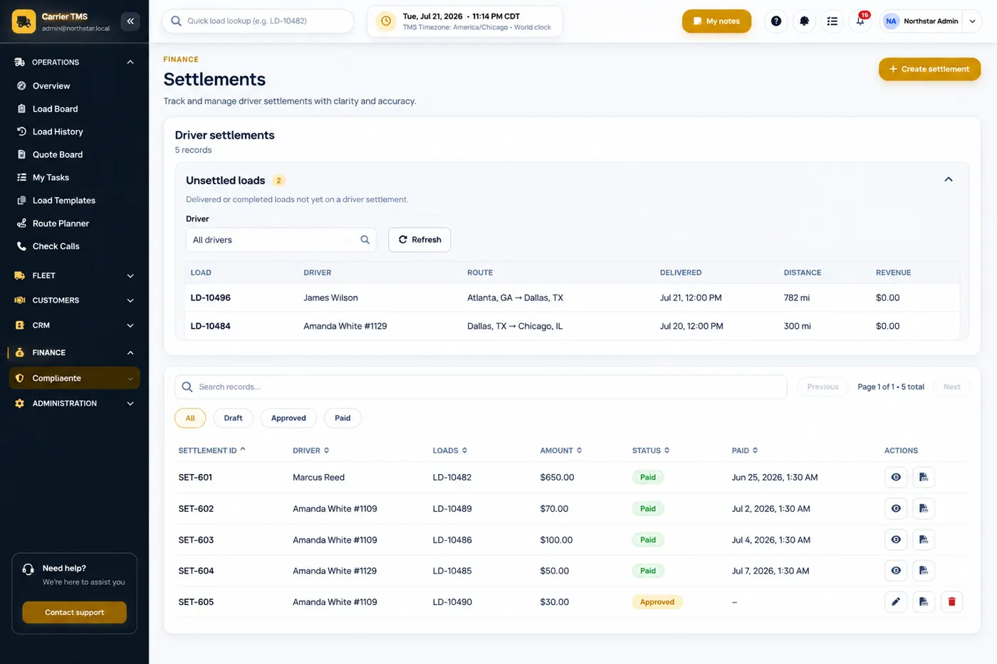 Driver settlement management in Hawk Lane Carrier TMS