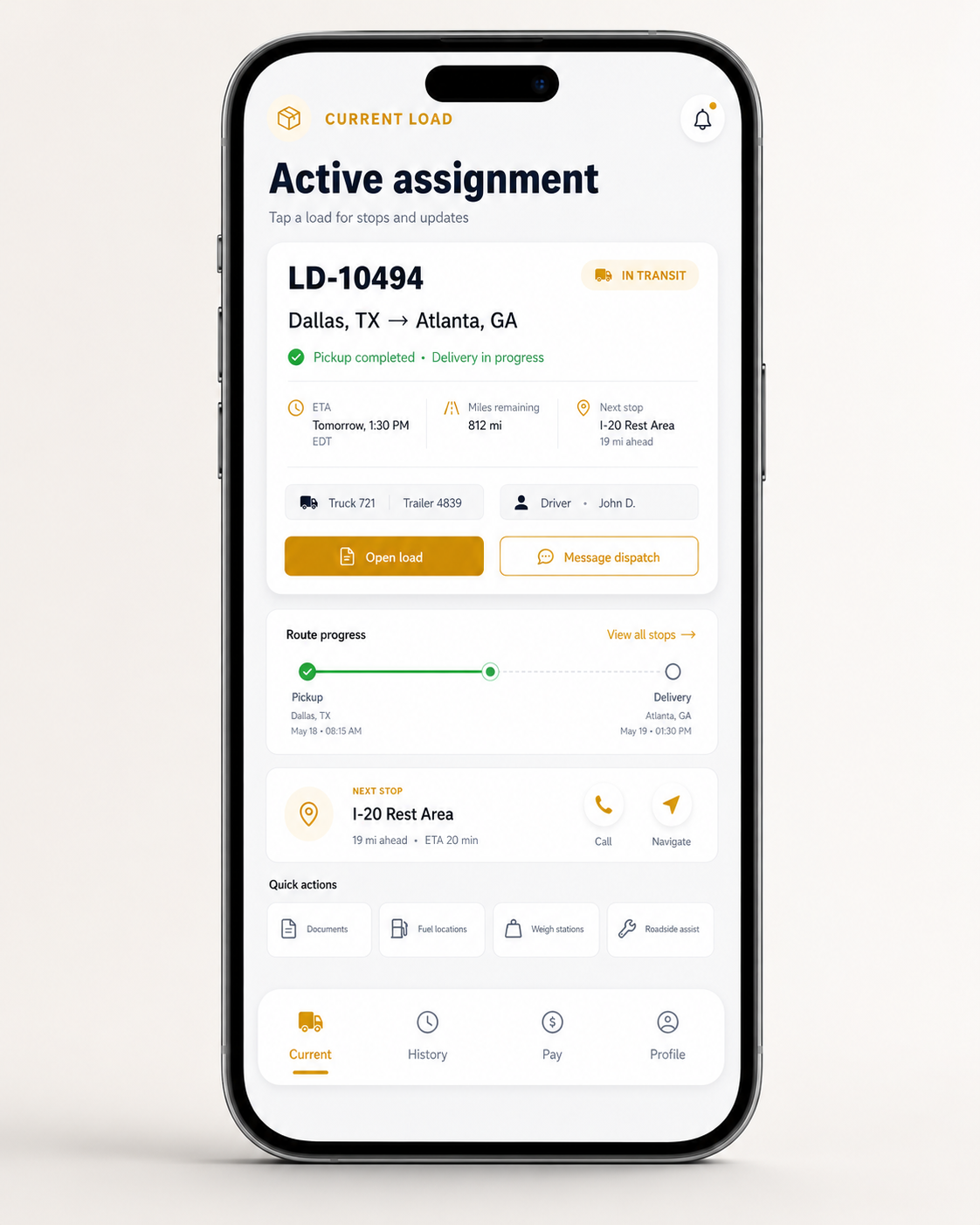 Hawk Lane driver mobile view — load list