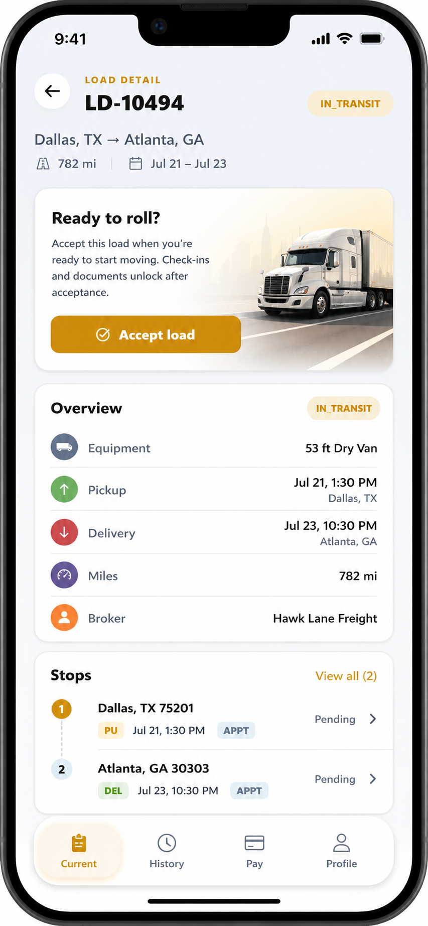 Hawk Lane driver mobile view — load details and documents