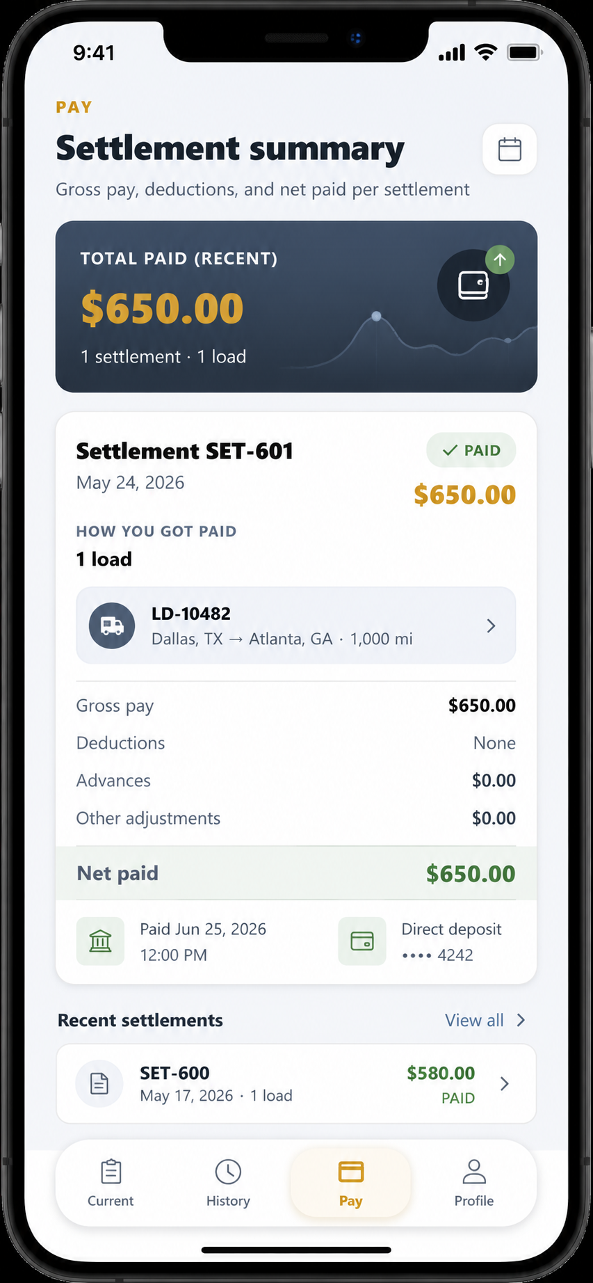 Hawk Lane driver mobile view — upload POD and BOL