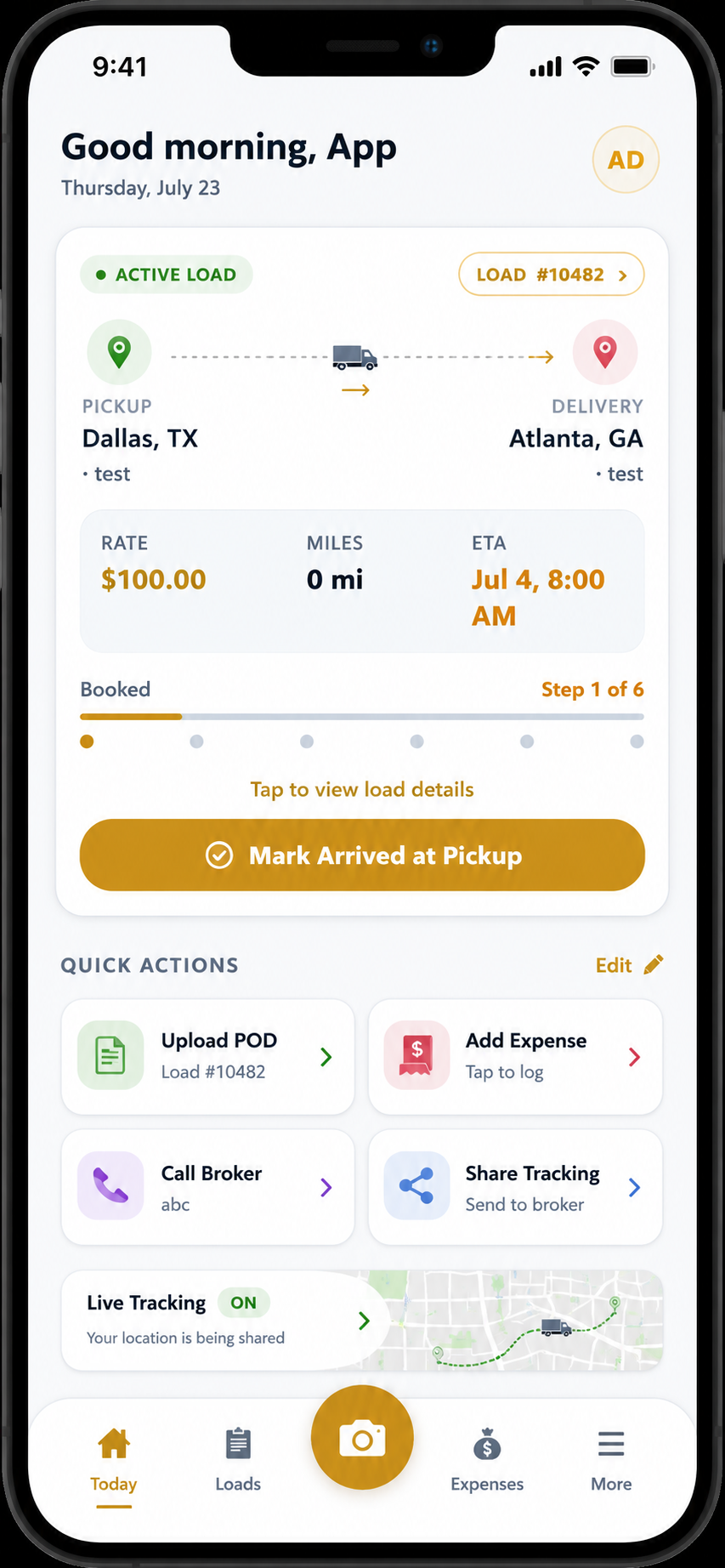 Hawk Lane mobile TMS — today view with active load and quick actions