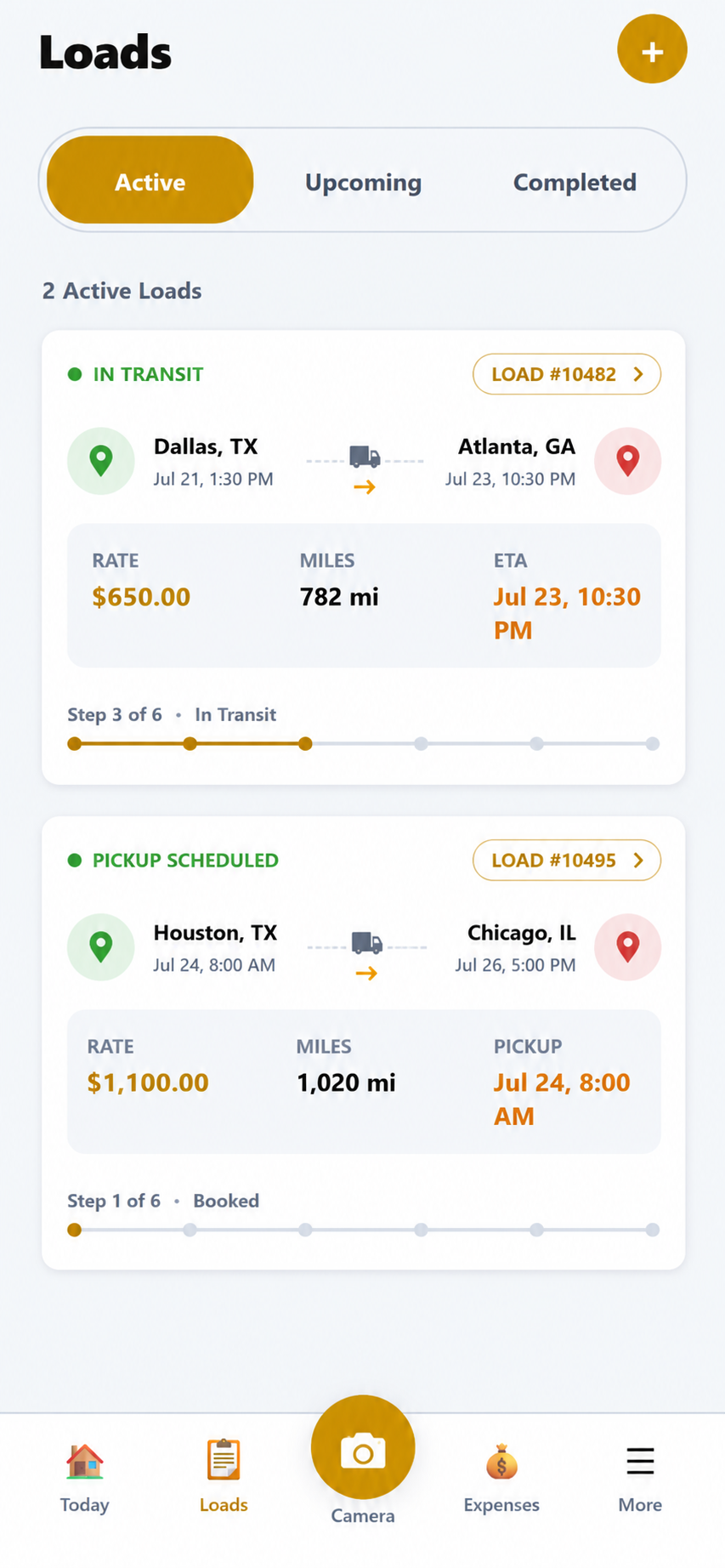 Hawk Lane mobile TMS — loads list with active and upcoming shipments