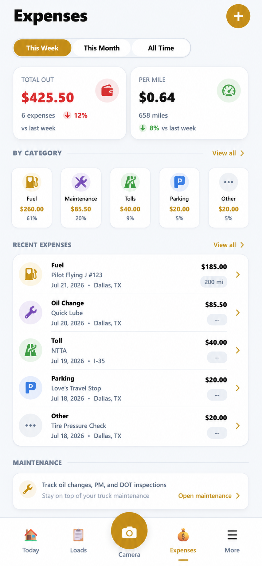 Hawk Lane mobile TMS — expense tracking by category