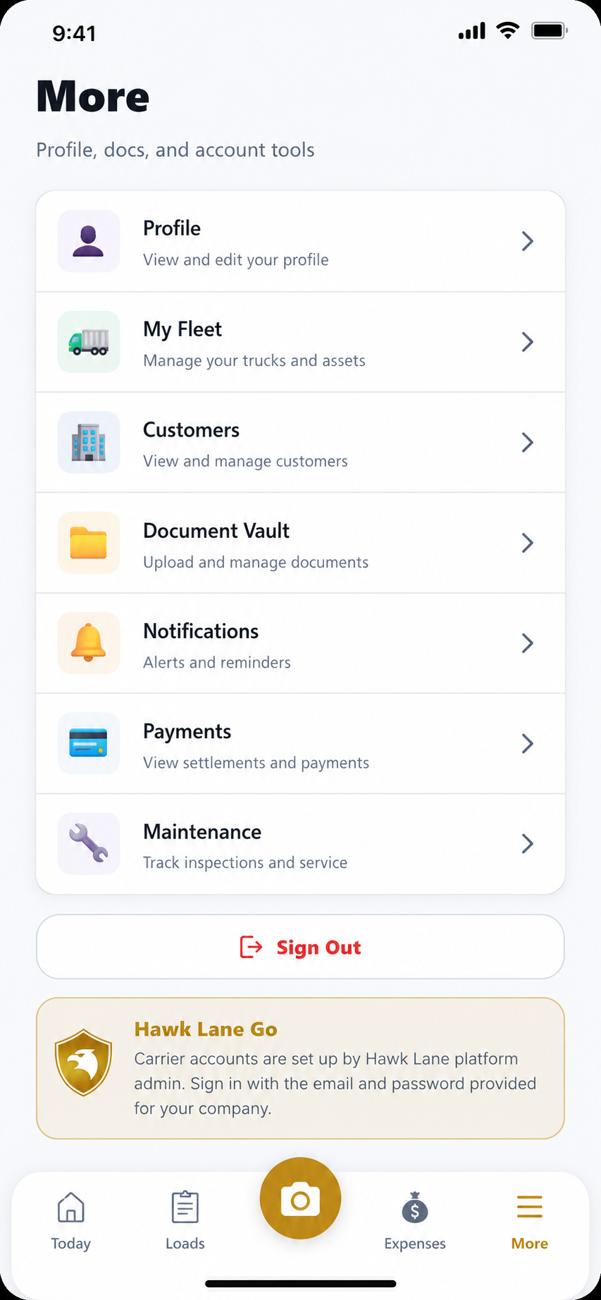 Hawk Lane mobile TMS — profile, fleet, documents, and payments